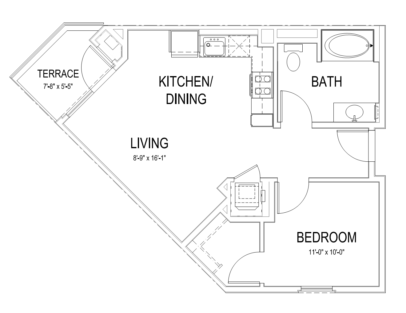 Floor plan for 1 bed, 1 bath, 620 sqft